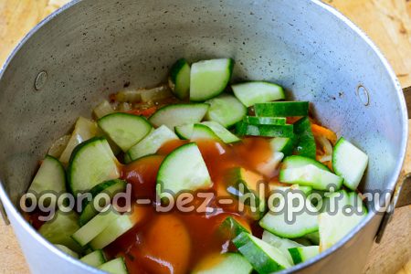 팬에 오이와 토마토 페이스트, 양파, 당근을 넣습니다.