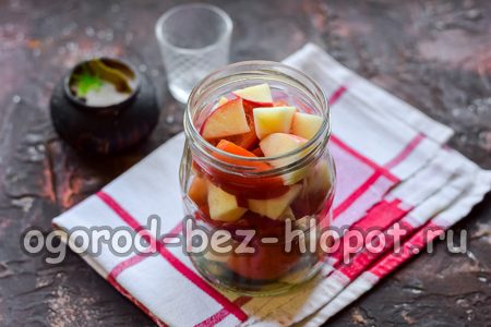 준비된 병에 향신료, 토마토, 사과를 넣으세요