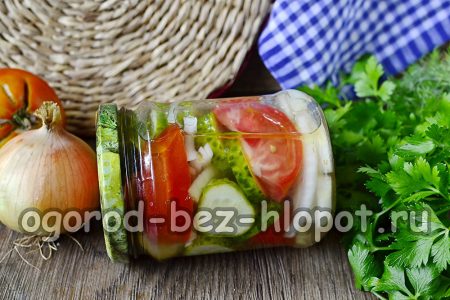 살균 없이 겨울을 위한 손가락 핥는 오이와 토마토 샐러드