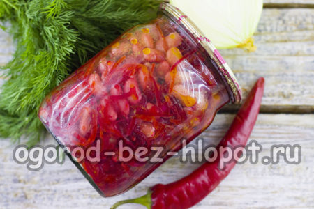 병에 담긴 콩을 넣은 비트 샐러드