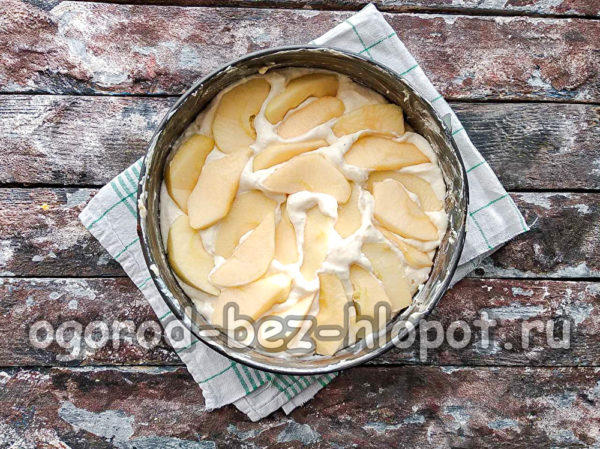 반죽과 사과를 팬에 넣으세요