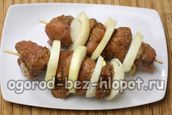 고기와 양파를 꼬치에 꽂다