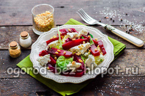 염소 치즈를 곁들인 비트 샐러드가 완성되었습니다.