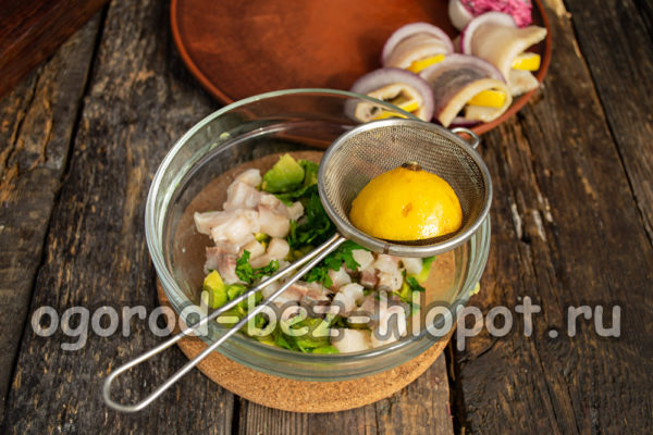 청어 필레, 허브, 레몬즙을 첨가합니다.