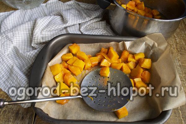 호박을 베이킹 시트에 올려 놓으세요